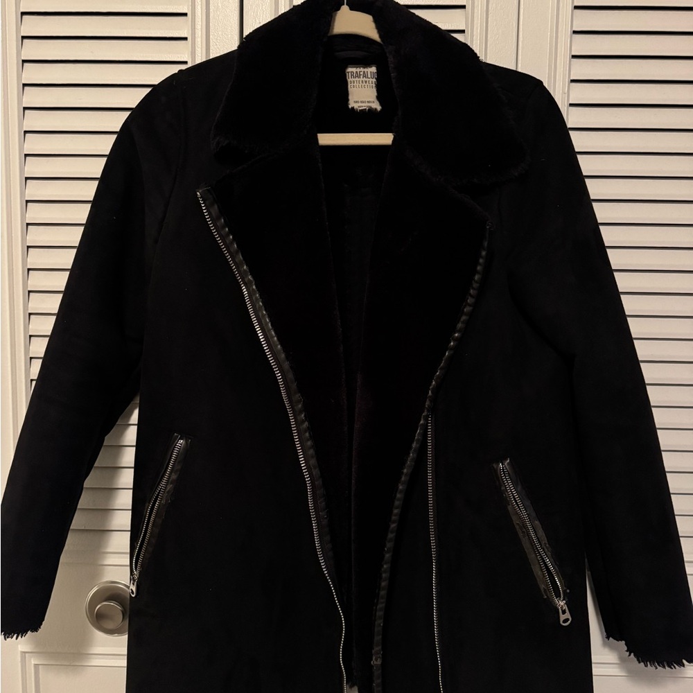Zara Black Faux suede-fur lined Jacket with Zipper Details